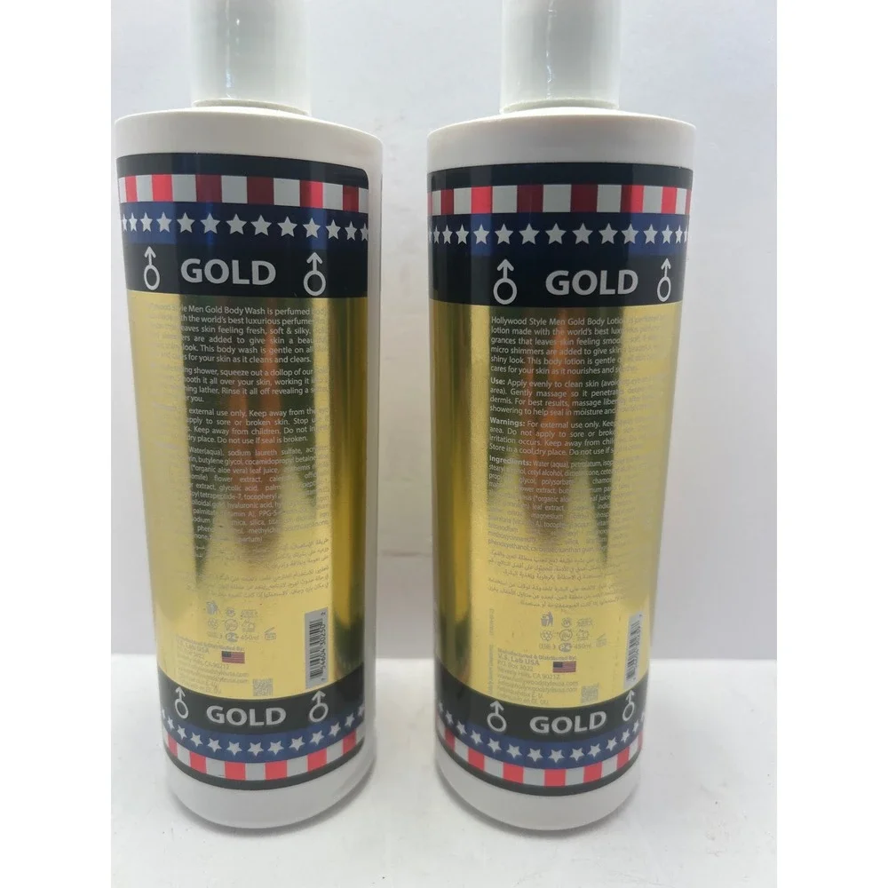 Hollywood Style Men Gold Body Wash and Body Lotion Set Oud Woody Perfumed 16oz